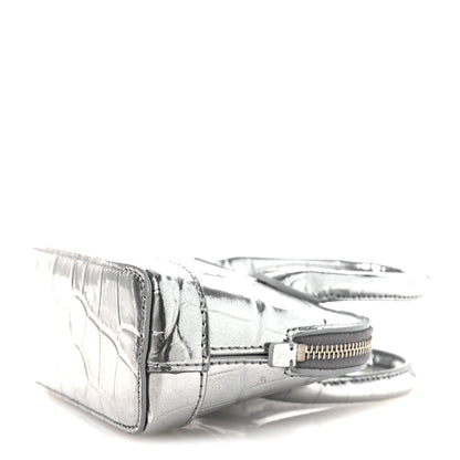 Metallic Calfskin Logo Crocodile Embossed Mini Ville Top Handle Bag Silver Black