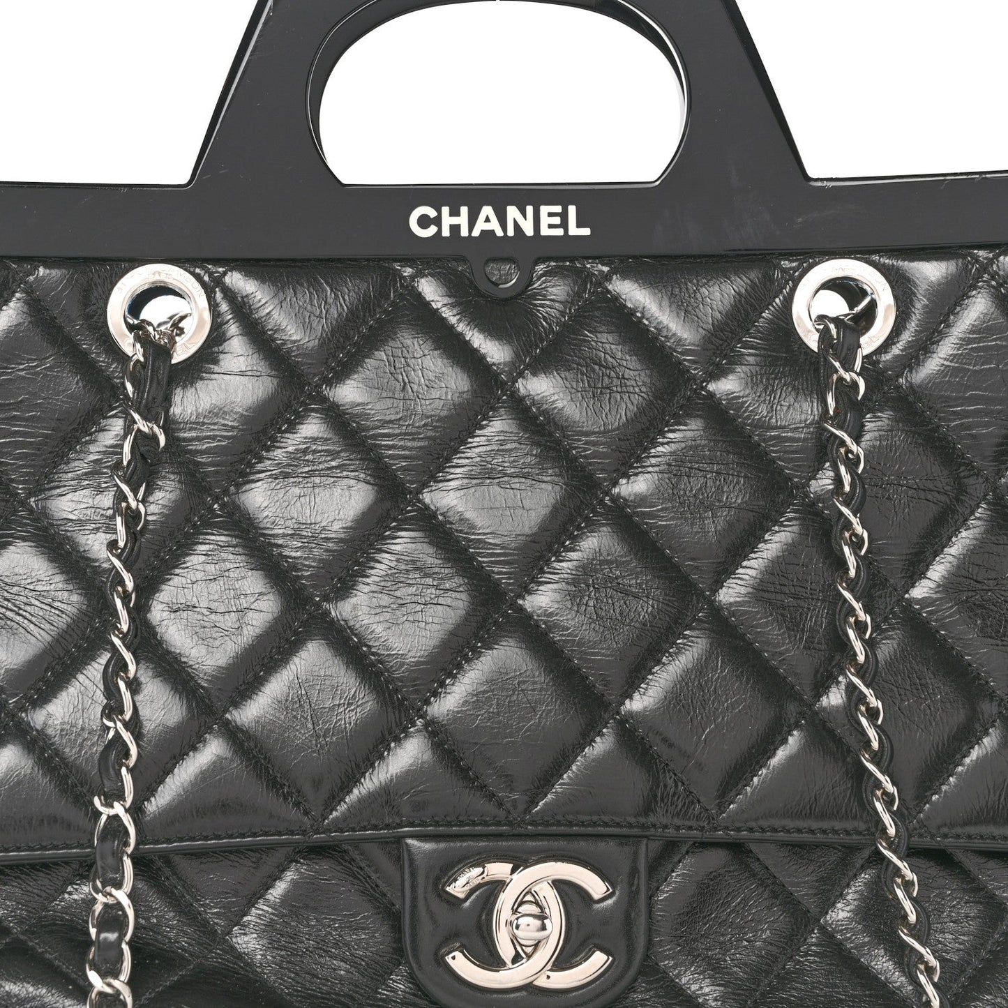 Glazed Calfskin Quilted Large CC Delivery Tote Black