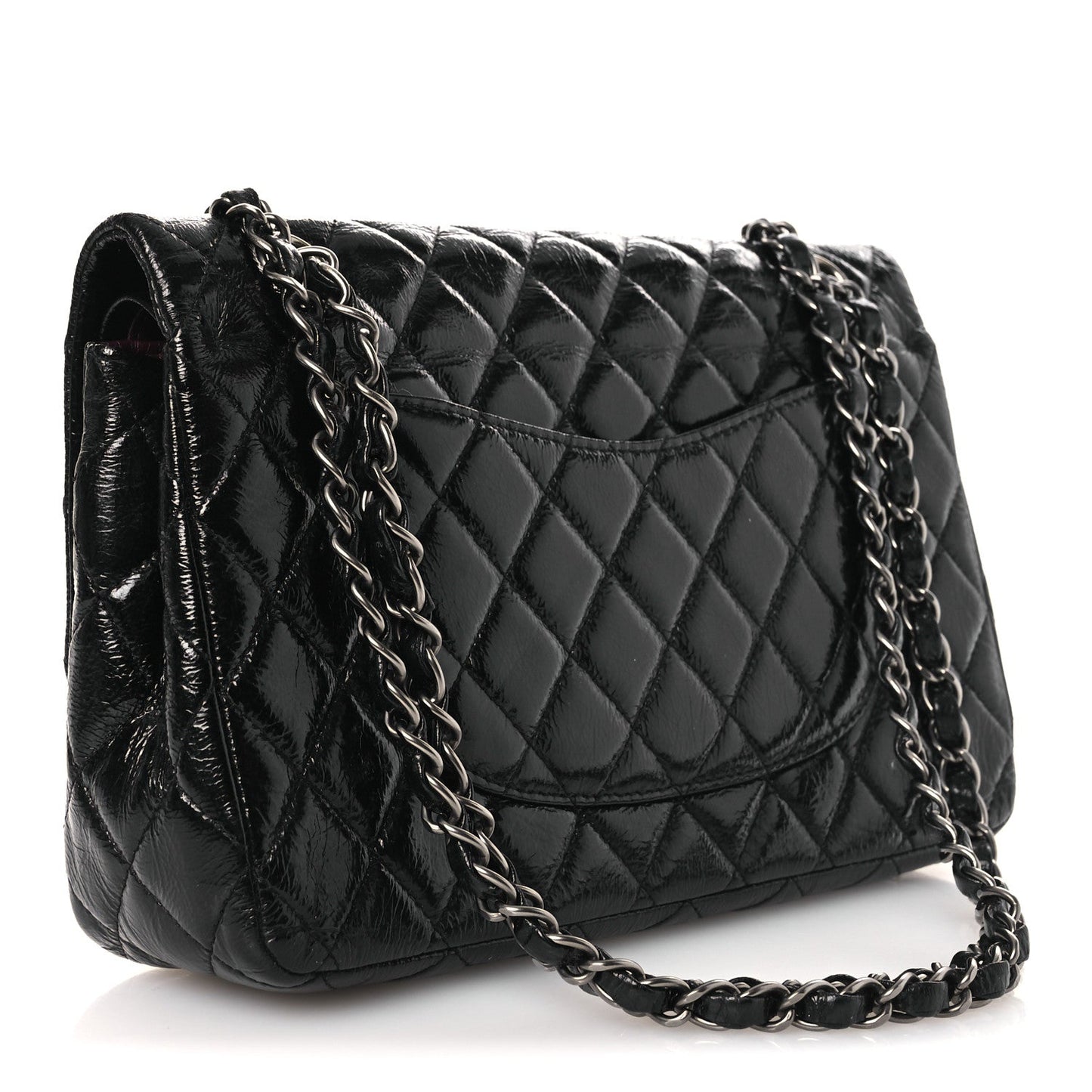Distressed Patent Quilted Medium Double Flap Black