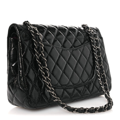 Distressed Patent Quilted Medium Double Flap Black