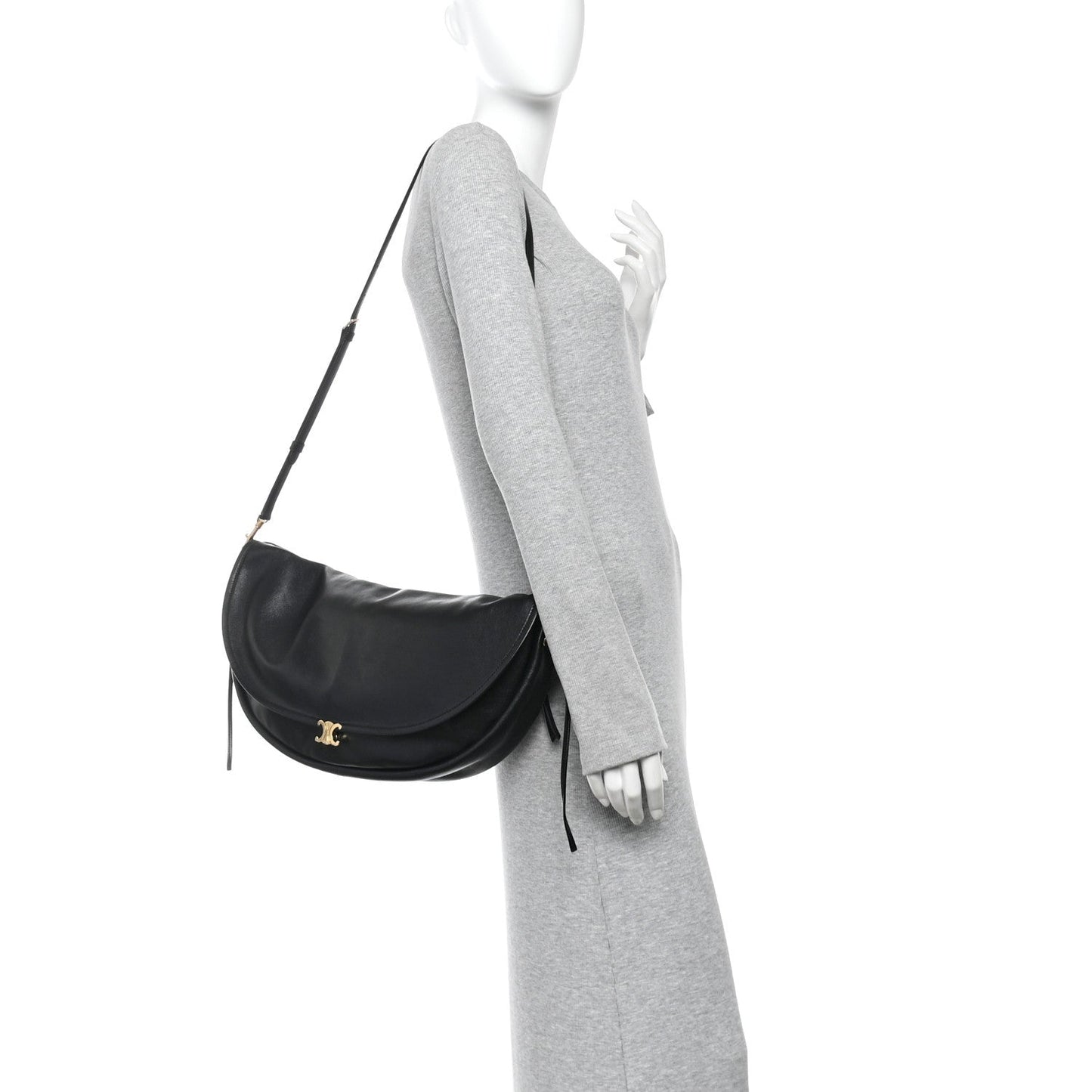 Shiny Lambskin Soft Triomphe Half Moon Bag Black