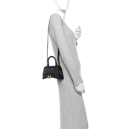 Shiny Calfskin Crocodile Embossed Hourglass Top Handle Bag XS Black
