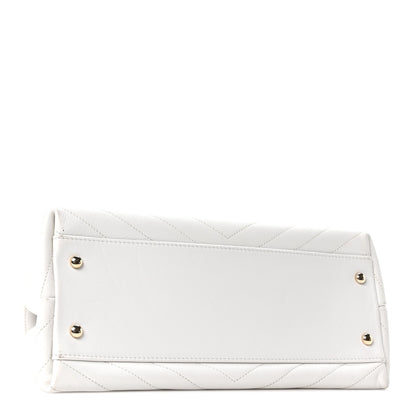 Grained Calfskin Stitched Medium Chevron Chic Top Handle Flap White