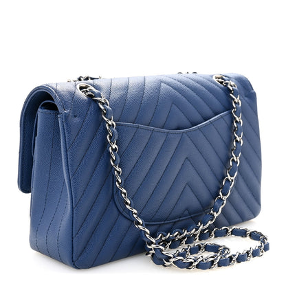 Caviar Chevron Quilted Medium Double Flap Blue