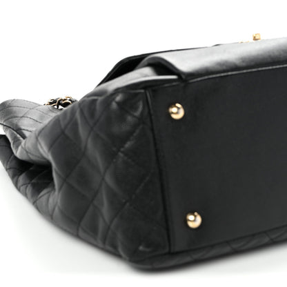Caviar Quilted Large Flap Shopping Tote Black