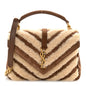 Nubuck Shearling Chevron Monogram Medium College Bag Dark Cigar Natural Beige