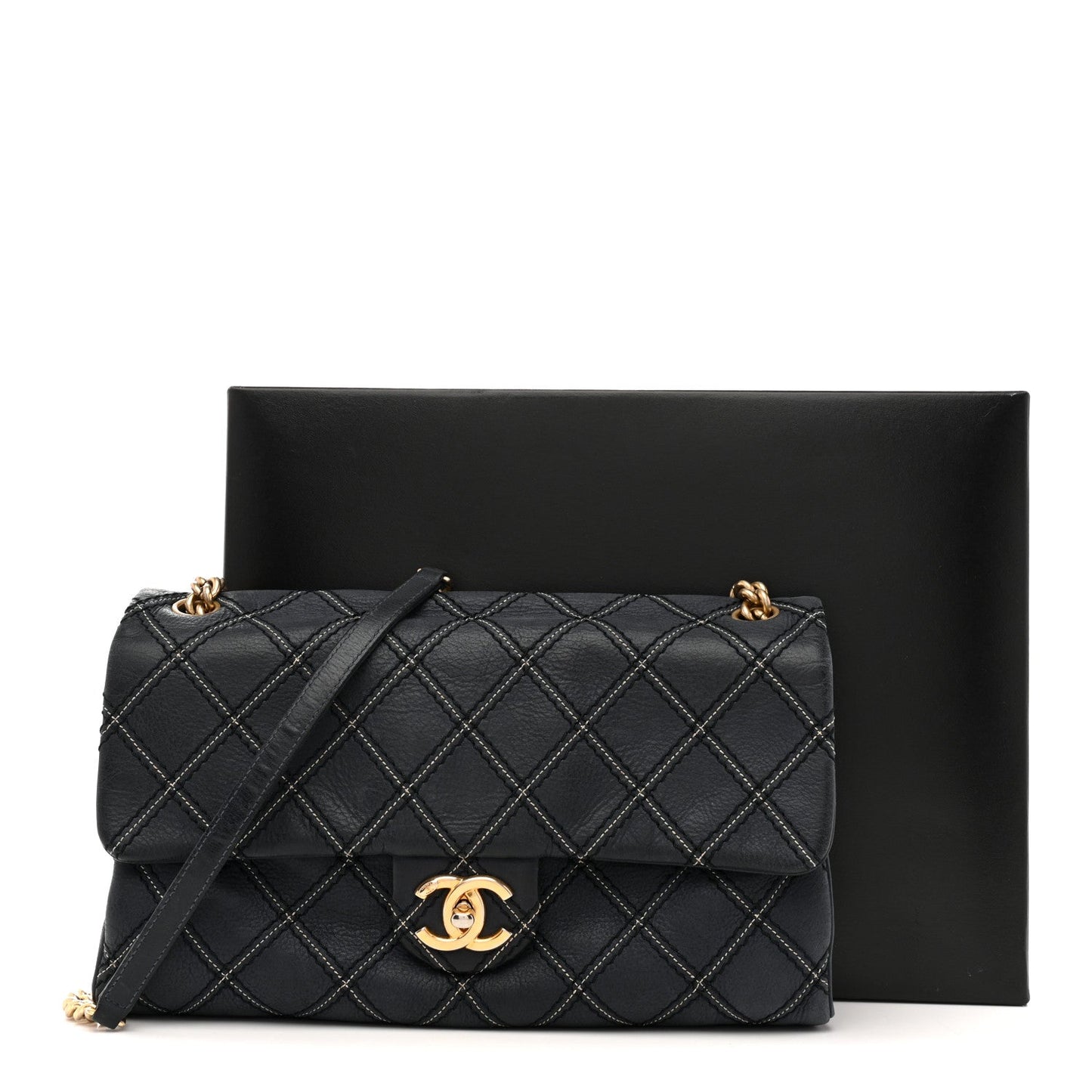 Iridescent Calfskin Triple Stitched Medium Flap Navy
