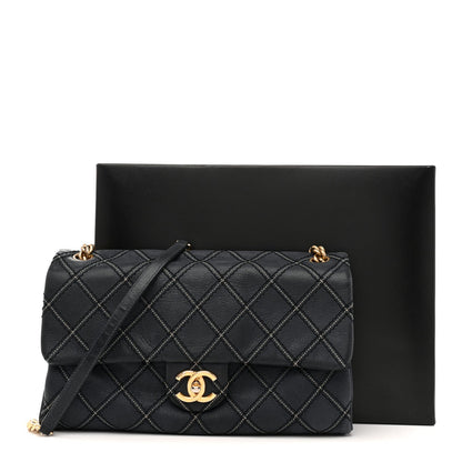 Iridescent Calfskin Triple Stitched Medium Flap Navy