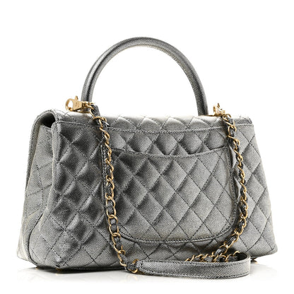 Metallic Caviar Quilted Small Coco Handle Flap Silver