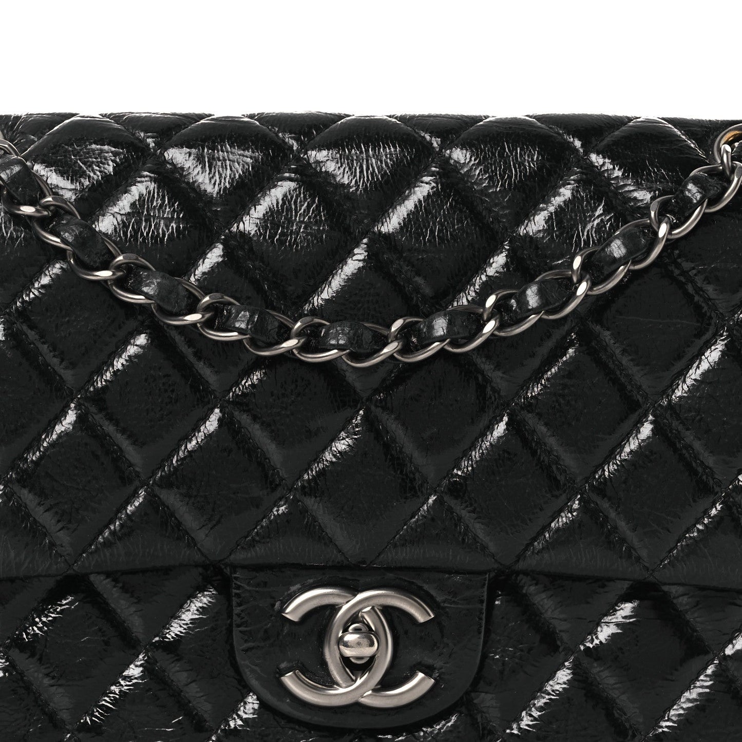 Distressed Patent Quilted Medium Double Flap Black