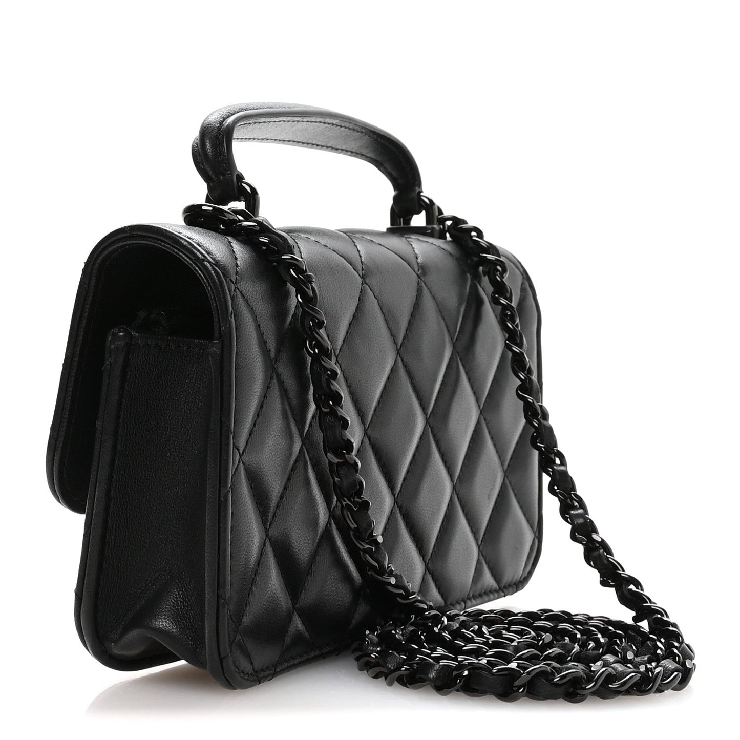 Lambskin Quilted Flap Phone Holder With Chain So Black