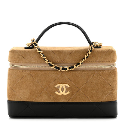 Suede Calfskin Shiny Lambskin Quilted Top Handle Slim Vanity Case With Chain Beige Black