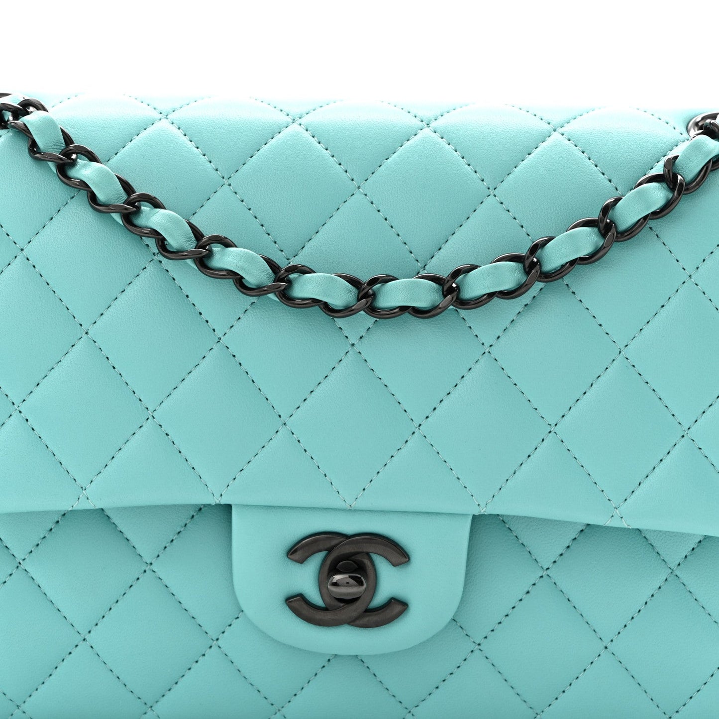 Lambskin Quilted Medium Double Flap Light Blue