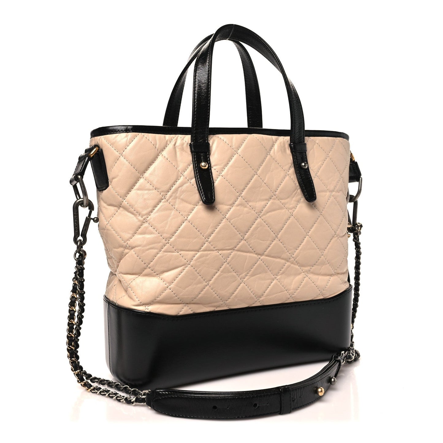 Aged Calfskin Quilted Medium Gabrielle Shopping Tote Beige Black