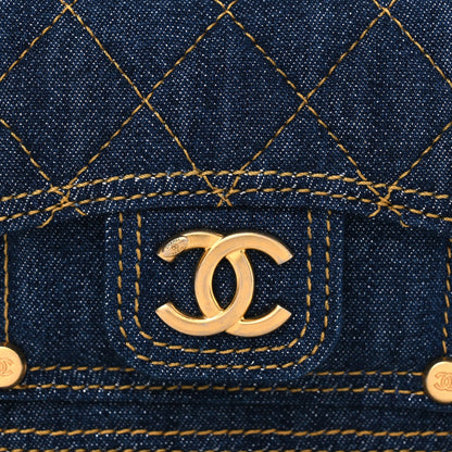 Denim Quilted Double You Card Holder On Chain Blue