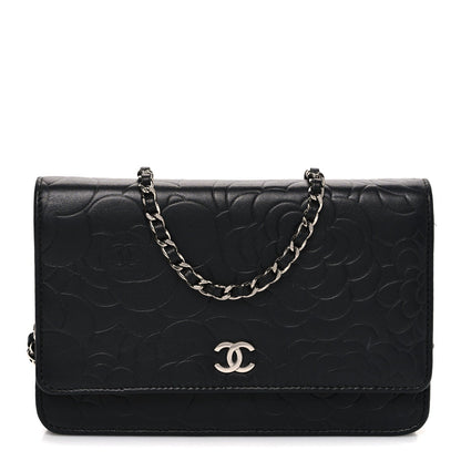 Lambskin Camellia Embossed Wallet on Chain WOC Black
