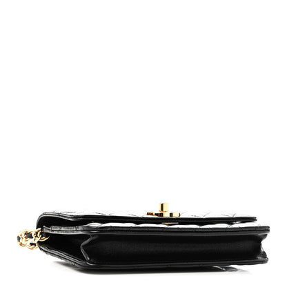 Shiny Lambskin Quilted Golden Links Wallet On Chain WOC Black