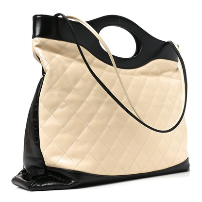 Aged Calfskin Quilted Large 31 Shopping Bag Beige Black