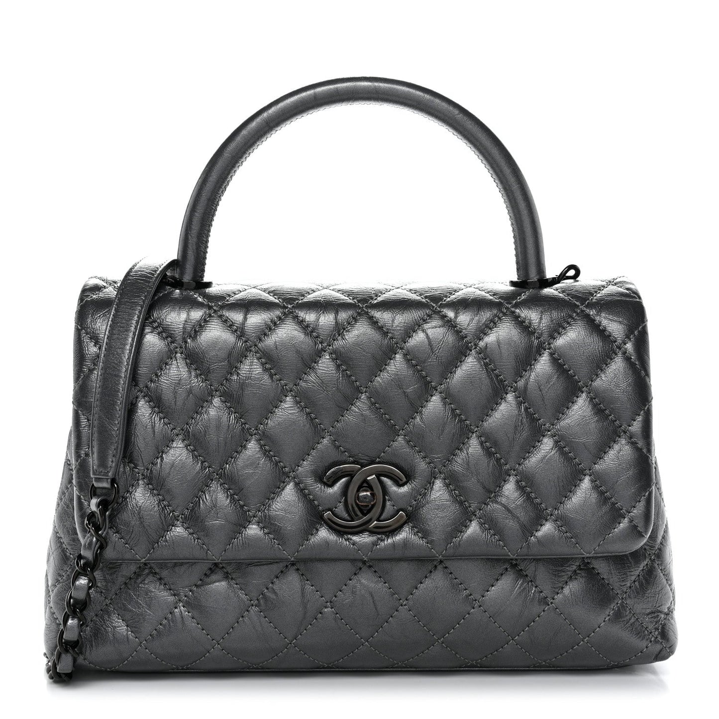 Metallic Aged Calfskin Quilted Small Coco Handle Flap Charcoal