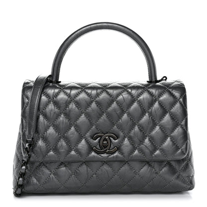 Metallic Aged Calfskin Quilted Small Coco Handle Flap Charcoal