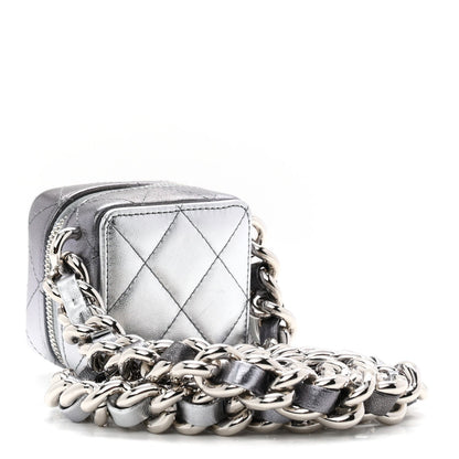 Gradient Metallic Lambskin Quilted Coco Punk Cube Clutch With Chain Silver Black