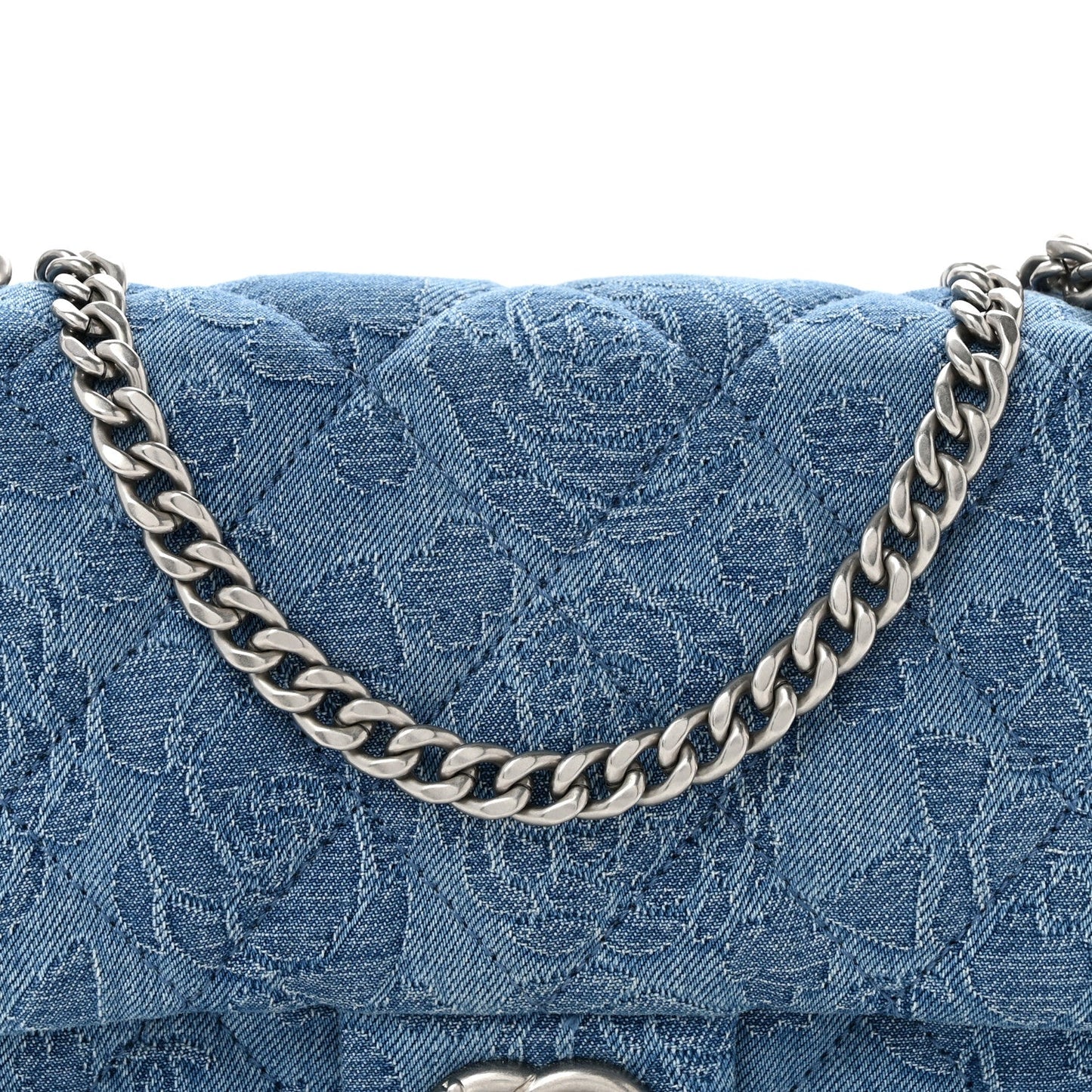 Denim Quilted Camellia Sweetheart Mini Flap Blue