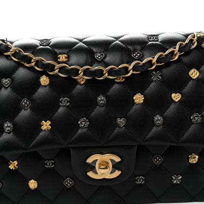 Lambskin Quilted Studded Medium Double Flap Black
