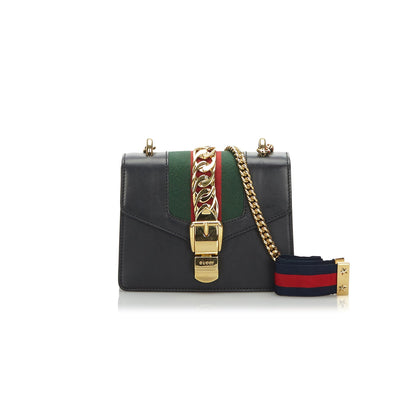 Gucci Black Leather Mini Web Chain Sylvie Shoulder Bag