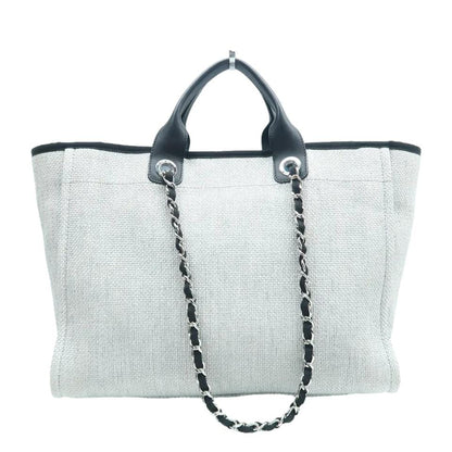 CHANEL Deauville Small Canvas Leather Tote Shoulder Bag White