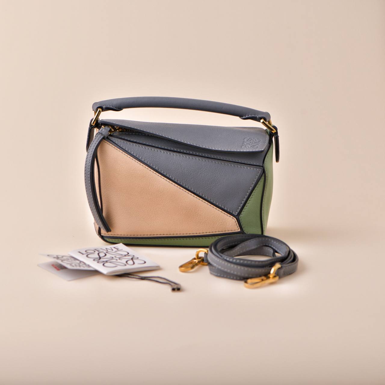 Loewe Puzzle Mini Asphalt Grey Nude Green Leather Shoulder Crossbody Bag