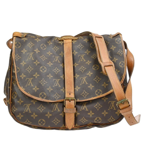 Louis Vuitton Saumur Handbag Monogram Canvas Brown Leather Shoulder Bag Bag (   )