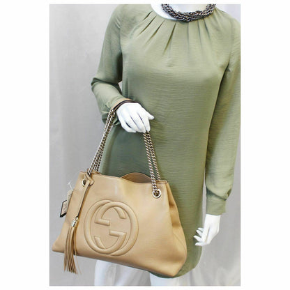 GUCCI Soho Pebbled Leather Chain Shoulder Bag 308982 Beige