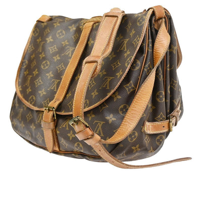 Louis Vuitton Saumur Handbag Monogram Canvas Brown Leather Shoulder Bag Bag (   )