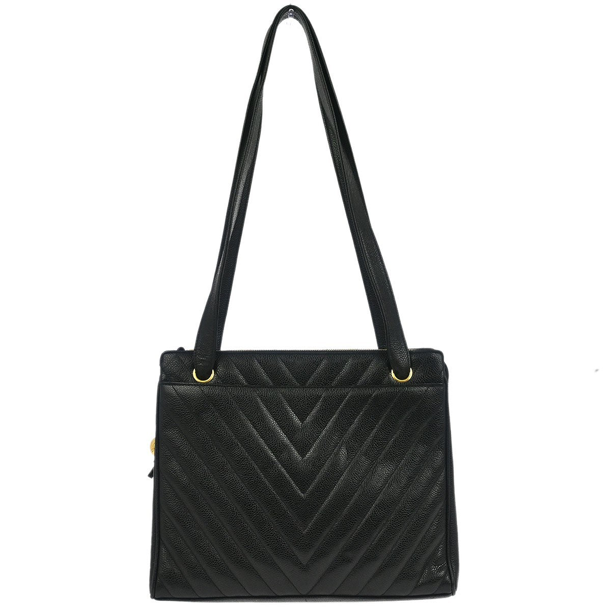 Chanel Vintage Zip Shoulder Bag Chevron Caviar Black Calfskin Shoulder Bag Bag (   )